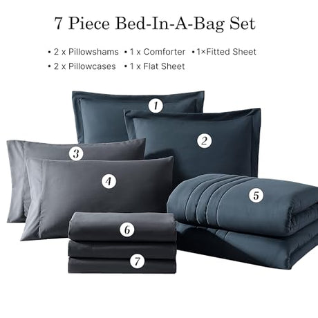 Monbix Queen Comforter Set - 7 Pieces Blue Gray Bed in a Bag Queen Bedding Sets with Comforters, All Seasons Comforter Bed Set with Sheets,Pillowcases & Shams Monbix