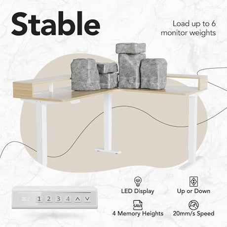 HUANUO U-Shape Standing Desk with LED Strip & Power Outrlets, 2-Tier Height Adjustable Sit Stand up Gaming Desk with Power Strip Holder, Large Computer Table for Home Office, Light Walnut HUANUO