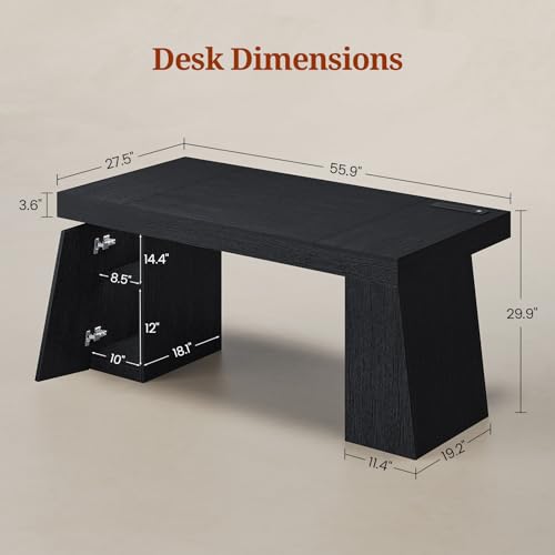 UPOSOJA 55.9 in Executive Desk with Power Outlets, Modern Home Office Desk with Storage Cabinet, Wood Computer Desk Business Workstation Desk Conference Table, Black (Storage Cabinet) UPOSOJA