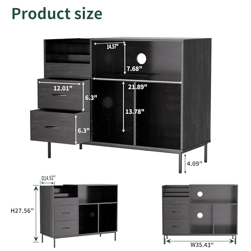 HarmoFurn Record Player Stand with Flip-Top, Wood Vinyl Storage Cabinet with 2-Outlet Power Strip, Drawers & Dustproof Cubbies, Media Console, Black, 35.4x15x27.6 Inches HarmoFurn