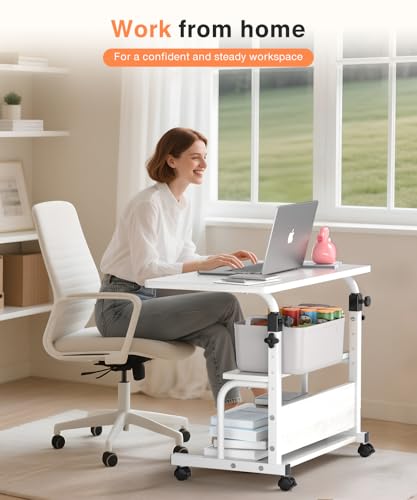 QZMDSM Portable Desk with Wheels Small Standing Desk on Wheels Adjustable Height Rolling Desks for Small Spaces, 32" Computer Desks with Storage Shelves for Home Office Study White QZMDSM
