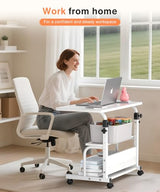 QZMDSM Portable Desk with Wheels Small Standing Desk on Wheels Adjustable Height Rolling Desks for Small Spaces, 32" Computer Desks with Storage Shelves for Home Office Study White QZMDSM