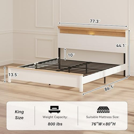 HoldoLife Bed Frame with Tall Headboard, King Size Platform Bed with Charging Station & LED Light, Modern Bedframe, Metal Support No Box Spring Needed, White Oak Finish HoldoLife