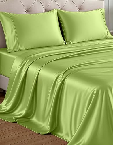 Casa Platino Queen Size Satin Sheets - Smooth Satin Sheets Queen, Cooling Fabric with 15 Inch Deep Pocket Sheet, Lightweight and Breathable, Makes for a Great Nights Sleep- Vibrant Lime Green Casa Platino