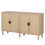 Finnhomy 4 Door Sideboard Buffet Cabinet, Kitchen Storage Cabinet with Rattan Decorated Doors, Cupboard Console Table, Boho Accent Liquor Cabinet, Bar Cabinet, 62.3X 15.7X 34.6 Inches, Natural Finnhomy