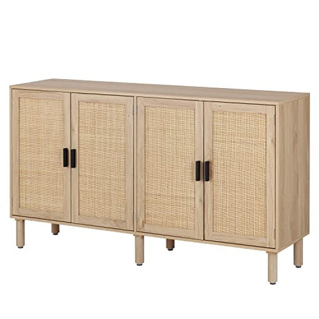 Finnhomy 4 Door Sideboard Buffet Cabinet, Kitchen Storage Cabinet with Rattan Decorated Doors, Cupboard Console Table, Boho Accent Liquor Cabinet, Bar Cabinet, 62.3X 15.7X 34.6 Inches, Natural Finnhomy