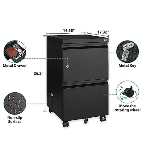 SISESOL 2 Drawer File Cabinet with Lock, Under Desk Metal Filing Cabinet for Home Office,Lockable Rolling File Cabinet with 2 Keys for Legal/Letter/a4 Size SISESOL