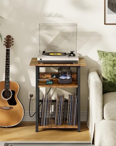 CHOEZON Record Player Stand with Power Outlet, Vinyl Record Storage Side Table, 19" Large Tabletop, Charging Station & Crossed Frame Design for Turntable, Rustic Brown and Black TBZ48UBF CHOEZON