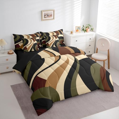 Green Brown Spiral King 7-Piece Bedding Set Modern Swirls Stripes Abstract Comforter Set with Sheets for Minimalists Boho Aesthetic Geometric Bed in a Bag Graffiti Art Lines Bedding Sets Erosebridal