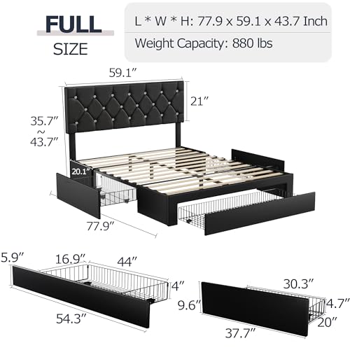 VECELO Full Size Bed Frame with 3 Storage Drawers, Leather Upholstered ...