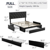 VECELO Full Size Bed Frame with 3 Storage Drawers, Leather Upholstered with Diamond Tufted Headboard, Solid Wood Slat Support & Steel Framework, PU & Black VECELO
