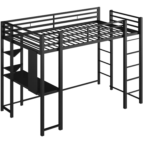 Shintenchi Loft Bed Twin Size with Desk and Storage Shelves, Frame with 2 Side Ladders for Kids, Teens Adults, Spcace-Saving Noise-Free and Anti-tilt Design, Black Shintenchi