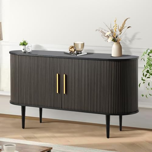 UTOASIS Fluted Buffet Cabinet, 55" Sideboard Tambour Buffer Cabient wtih Storage, Sliding Door, Mid Century Modern Console Table with Adjustable Shelf, Modern Accent Cabinet for Kitchen (Black) UTOASIS