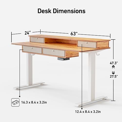 FEZIBO Sturdy Height Adjustable Electric Standing Desk with Drawers, 63 x 24 Inch Stand Up Table with Large Storage Shelf, Sit Stand Desk, Light Rustic Brown Top - WoodArtSupply