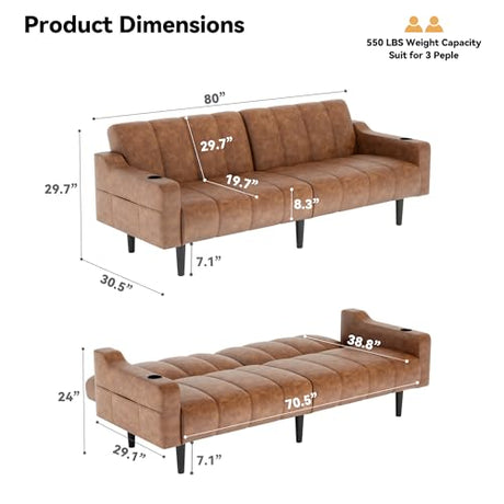 Amerimores Futon Sofa Bed, 80" Faux Leather Couch, Sleeper Sofa Bed with Adjustable Backrest& Storage, Mid Century Modern Loveseat Couch for Living Room, Bedroom and Small Spaces, Brown Amerimores