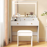 COMHOMA Makeup Vanity Desk with Mirror and Lights, Vanity Table and Chair Set with 5 Drawers and Charging Station, Bedroom Dresser LED Mirror Stepless Dimmable & 3 Color Modes Adjustable, Pearl White COMHOMA