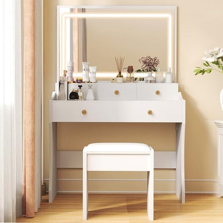 COMHOMA Vanity Desk with Mirror and Lights, Makeup Vanity Table and Chair Set with Drawers and Charging Station, Bedroom Dresser LED Mirror Stepless Dimmable & 3 Color Modes Adjustable, 5 Drawer/White COMHOMA