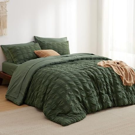 Bedsure Bed in a Bag Full - 7 Pieces Plaid Seersucker Bedding Comforter Sets, Soft Lightweight Olive Green Boho Bed Set with Comforters Full Size, Sheets, Pillowcases & Shams Bedsure
