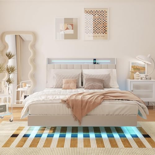 bzbbzc Floating King Size Bed Frame with RGB LED Lights & Charging Station, Upholstered Platform Bed with Hidden Storage Headboard & Shelves, Noise Free, Heavy Duty Frame, Beige bzbbzc