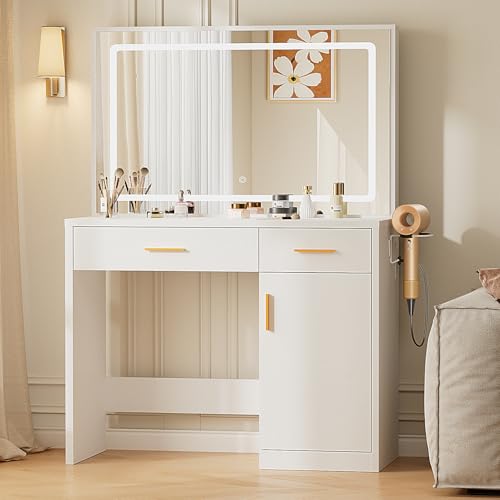 Sweetcrispy Vanity Desk with 35.4" LED Mirror and Lights, Makeup Vanity Table with Charging Station (2AC/USB/C), 2 Drawers & Large Cabinet, 3 Lighting Color Adjustable, Modern Dressing Table, White Sweetcrispy
