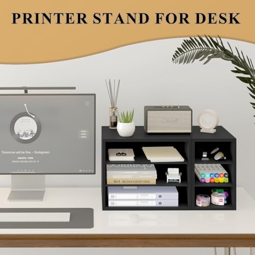 MARTY Printer Stand with Storage for Desk Large Desktop Printer Stand Shelf Riser with 6 Storage Compartments Wood Desk Paper Organzier File Organizer for Home/Office, Black MARTY