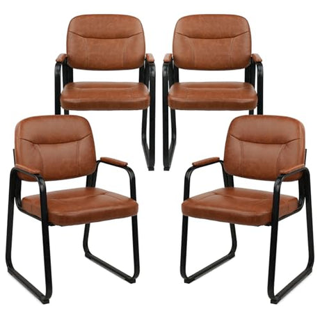 CLATINA Waiting Reception Chairs No Wheel, Leather Guest Chair with Padded Arms, Modern Brown Office Desk Chairs with Sled Base for Office Meeting Conference Room Lobby Home Living Room (4 Pack) CLATINA