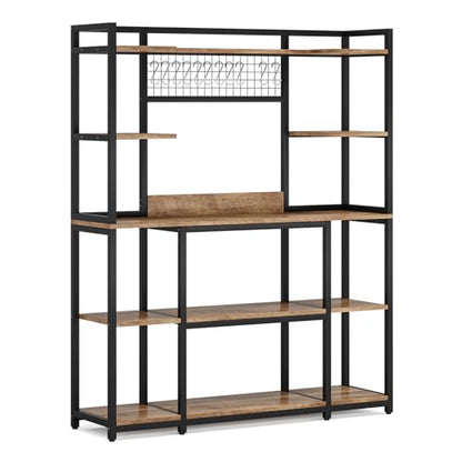 LITTLE TREE 5-Tier Kitchen Bakers Rack, 66.9" Tall Kitchen Hutch Microwave Stand with 11 Hooks, 55" Extra Wide Kitchen Storage Shelf Rack, Wood Baker's Rack for Kitchen, Light Brown and Black