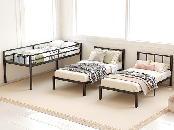 Mixcous Heavy Duty Triple Bunk Bed, Twin Over Twin Over Twin with Guardrails and Ladder, Metal Bunk Bed for 3, 3 Bed Teens and Adults, No Box Spring Needed, Black Mixcous