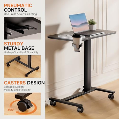 COMHOMA Adjustable Overbed Bedside Table with Lockable Wheels, Pneumatic Mobile Standing Laptop Desk, Small Standing Desk Portable Rolling Overbed Table Hospital Home Use(28" W x 16" D, Black) COMHOMA
