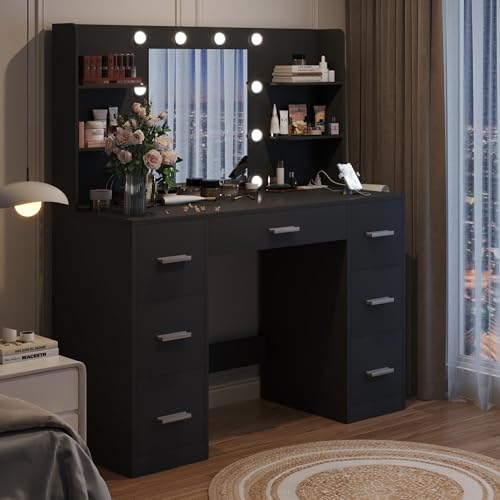 YESHOMY Vanity Desk with Mirror, Power Outlet and 10 Lights, Makeup Table with 7 Drawers, 3 Color Modes Available for Bedroom, Pure Black