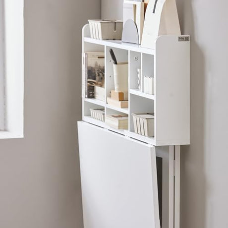 Haotian Wall Mounted Folding Table Drop-Leaf Floating Trestle Desk Computer Writing Workstation with Storage Compartments, White FWT07-II-W Haotian