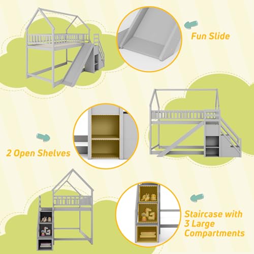 Giantex House Bunk Bed Twin Over Twin with Slide & Stairs, Wood Bunk Bed with Storage Shelves, No Box Spring Needed, Twin Floor Bed for Kids Teens Boys Girls (Grey) Giantex