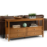 SIMPLIHOME Warm Shaker Wide Console Table - 60 Inch Wide Solid Wood Sofa Table in Light Golden Brown, Transitional Storage Table for Living Room with 4 Drawers, Open Shelf, and Brushed Nickel Knobs SIMPLIHOME