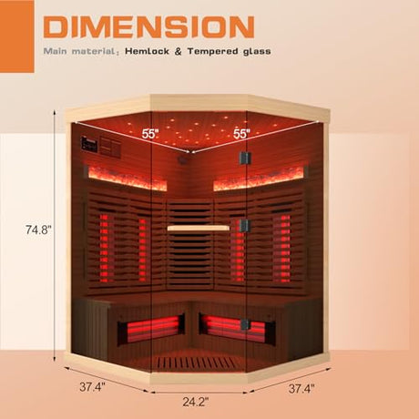 SWHSE 3-4 Person Corner Infrared Sauna- Luxury Home Sauna Spa Room with Himalayan Salt Therapy, Canadian Hemlock&Panoramic Tempered Glass,220V SWHSE