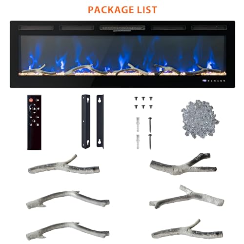 60 in Electric Fireplace, Recessed/Wall Mounted Linear Fireplace with WiFi & Remote Control, Multicolor Flame Effect, 750W/1500W Heating, Includes Log & Crystal Decor, Black Garvee