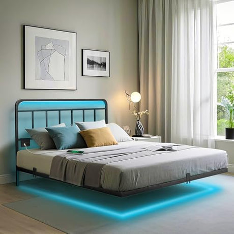 Domus Homeware Floating King Size Platform Bed Frame with LED Lights & Charging Station - Includes Powered Screwdriver for Assembly, Mattress Fasteners & Corner Pads, Hardened Steel Domus Homeware