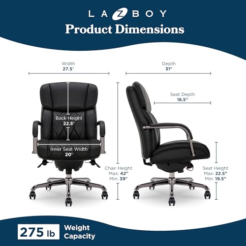 La-Z-Boy Symphony Executive Mid-Back Office Chair, Diamond Quilt Seat and Back, Pocket Coil Cushion, Padded Armrests, Ergonomic Computer DeskChair, Swivel Metal Base, Bonded Leather, Black/Graphite La-Z-Boy