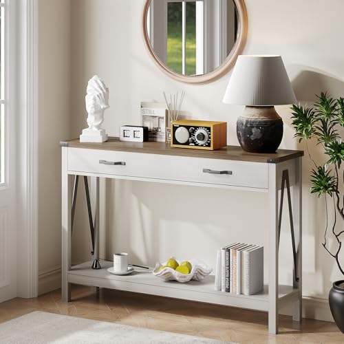 ChooChoo 47'' Farmhouse Console Table with Drawer, Entryway Table with Storage Shelf, Rustic A-Design Sofa Table for Hallway, Entrance, Living Room, White&Brown ChooChoo