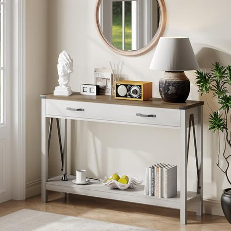 ChooChoo 47'' Farmhouse Console Table with Drawer, Entryway Table with Storage Shelf, Rustic A-Design Sofa Table for Hallway, Entrance, Living Room, White&Brown ChooChoo