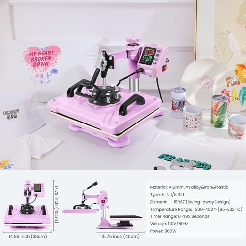 AKEYDIY 8 in 1 Heat Press Machine Professional Sublimation Machine 12" X 15"Swing Away Shirt Printing Heat Transfer Digital Industrial-Quality Heat Press Machine for T Shirts Mug Hat Plate Pink Purple AKEYDIY