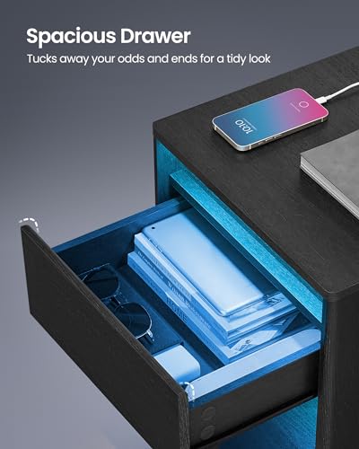 VASAGLE Nightstand with Charging Station, Side End Adjustable LED Lights, Bedside Table with Drawer 2 AC Outlets, 2 USB Ports, Modern, for Bedroom, 13.7" D x 15.7" W x 21.7" H, Black VASAGLE