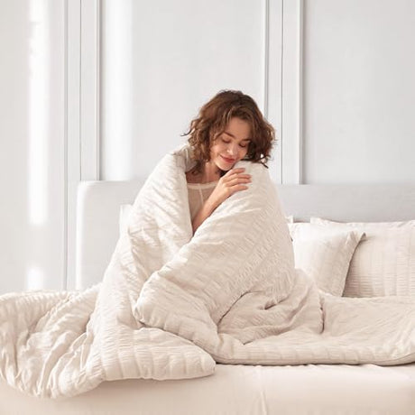 MUXHOMO 7 Pieces Full Comforter Set, Seersucker Bed in a Bag Full Size, All Season Luxury Bedding Set with Comforter, Flat Sheet, Fitted Sheet, Pillowcases & Shams, Beige MUXHOMO