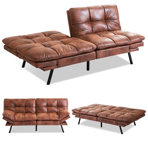 Erdoru Convertible Futon Sofa Bed,71" Modern Premium Faux Leather Futon Couch with Adjustable Backrest&Armrest,Small Loveseat Sleeper Sofa,Dorm Futonsofa for Apartment,Living Room,Whisky Brown Erdoru