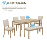 LUMISOL 6-Piece Dining Table Set with Bench and Chairs, Farmhouse Kitchen Table Set for 6 People, Wooden Table and Chairs Set for Kitchen, Dining Room, Light Oak+Beige LUMISOL