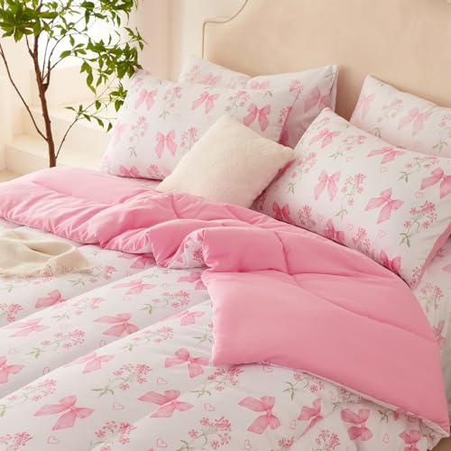 CCoutueChen Pink Bow Comforter Set Full 3Pcs Pink Floral Bedding Set for Girls Kids Romantic Princess Style Bowknot Bedding Ultra Soft Reversible Garden Flower Comforter Sets with 2 Pillowcases CCoutueChen