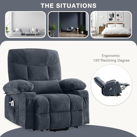 Power Lift Recliner Chair for Elderly, Electric Massage Recliner with Lumbar Heat, Fabric Single Sofa with 2 Cup Holders, USB Ports & Side Pockets, Infinite Position Motorized Chair for Living Room PoteSoar