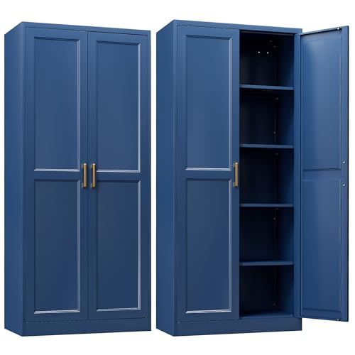 SteeLoong Kitchen Pantry Cabinet,71”Blue Metal Pantry Storage Cabinets with Doors and 4 Adjustable Shelves,Kitchen Cabinet with 2 Gold Handles,Tall Cabinet for Livingroom, SteeLoong
