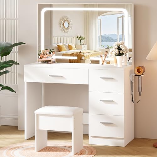 LIVELYGLOW Makeup Vanity Desk Set, White, 35.4“W x 15.7" D x 53.9" H (Large Smart LED Mirror, with Cushion Stool, Hairdryer Rack, Power-Outlet, 4 Drawers) LIVELYGLOW