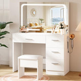 LIVELYGLOW Makeup Vanity Desk Set, White, 35.4“W x 15.7" D x 53.9" H (Large Smart LED Mirror, with Cushion Stool, Hairdryer Rack, Power-Outlet, 4 Drawers) LIVELYGLOW