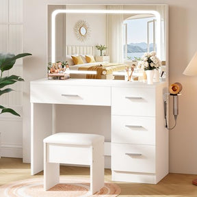 LIVELYGLOW Makeup Vanity Desk Set, White, 35.4“W x 15.7" D x 53.9" H (Large Smart LED Mirror, with Cushion Stool, Hairdryer Rack, Power-Outlet, 4 Drawers) LIVELYGLOW